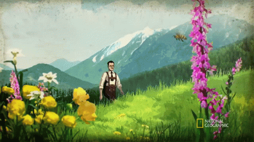 A Man Stands In A Field Of Flowers With Mountains In The Background And A National Geographic Logo In The Corner GIF