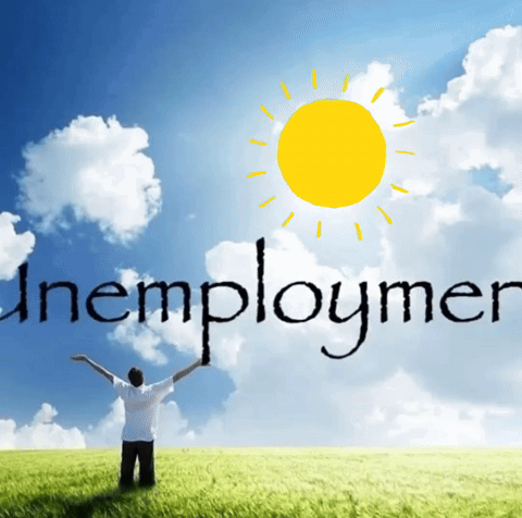 A Man Stands In A Field With His Arms Outstretched In Front Of A Sun And The Word Unemployed GIF