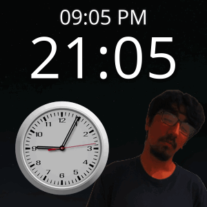 a man stands in front of a clock that reads 20:05