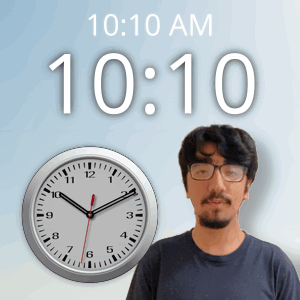 A Man Stands In Front Of A Clock That Says 10:10 GIF