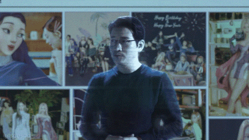 a man stands in front of a collage of pictures with the words happy birthday written on it