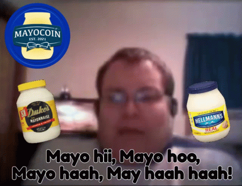 A Man Stands In Front Of A Duke 'S Mayonnaise Jar And A Hellmann 'S Mayo Jar GIF