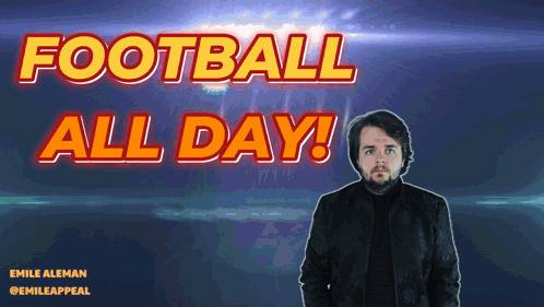 A Man Stands In Front Of A Football All Day Sign GIF