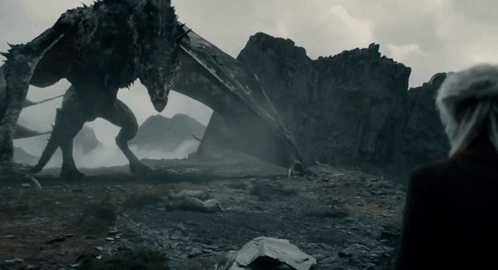 a man stands in front of a large dragon