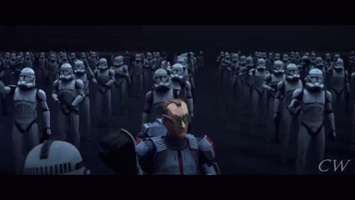 A Man Stands In Front Of A Large Group Of Stormtroopers With Cw Written On The Bottom GIF