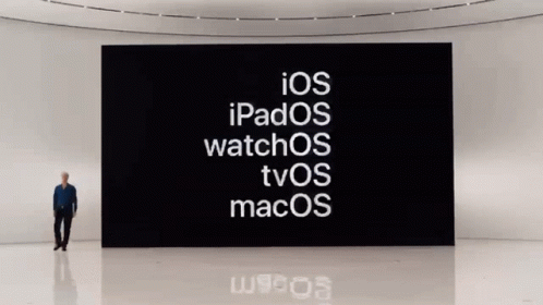A Man Stands In Front Of A Large Screen Which Says Ios Ipados Watchos Tvos Macos GIF