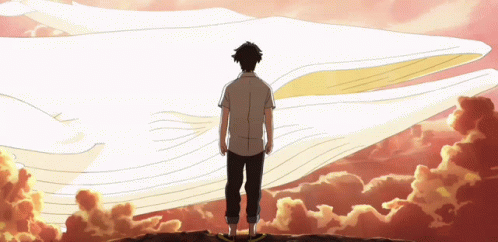 A Man Stands In Front Of A Large White Whale In The Clouds GIF