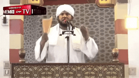 A Man Stands In Front Of A Microphone And A Sign That Says Memri Tv On It GIF