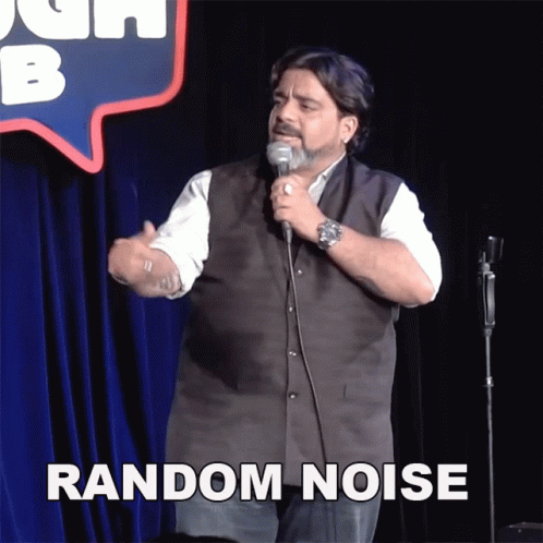 A Man Stands In Front Of A Microphone With The Words Random Noise Above Him GIF