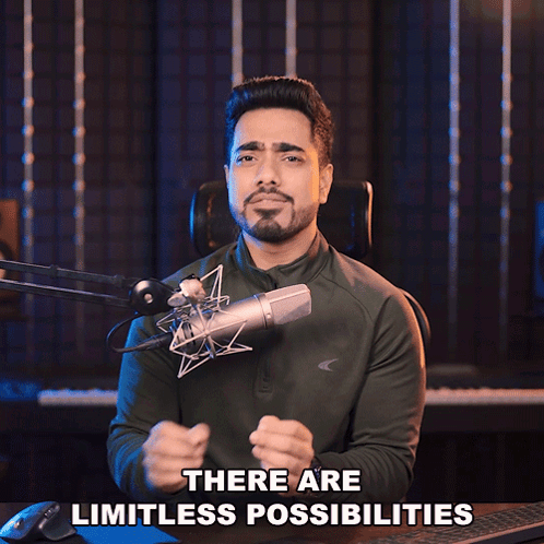 A Man Stands In Front Of A Microphone With The Words " There Are Limitless Possibilities " Below Him GIF