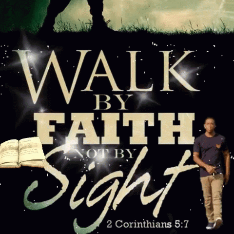 A Man Stands In Front Of A Poster That Says Walk By Faith Not By Sight GIF