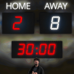 A Man Stands In Front Of A Scoreboard That Says Home 2 And Away 8 GIF
