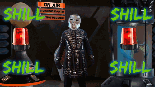 A Man Stands In Front Of A Sign That Says On Air Invading Earth GIF