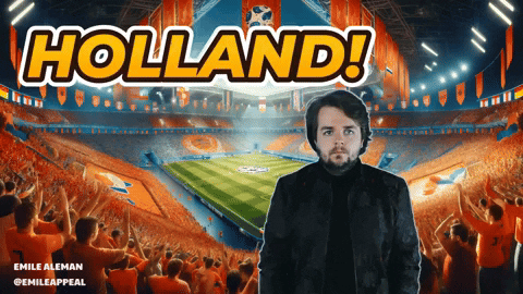 a man stands in front of a stadium that says holland on the top