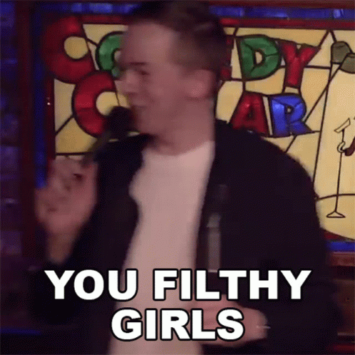 A Man Stands In Front Of A Stained Glass Window And Says " You Filthy Girls " GIF