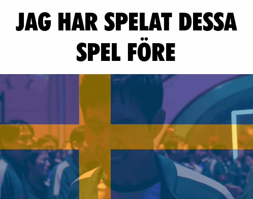 A Man Stands In Front Of A Swedish Flag With The Words Jag Har Spelat Dessa Spel Fore GIF