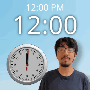 A Man Stands In Front Of A Wall Clock That Says 12:00 Pm GIF