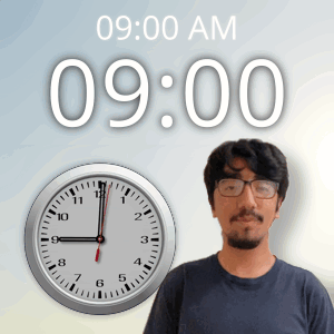 A Man Stands In Front Of A Wall Clock That Says 9:00 Am GIF