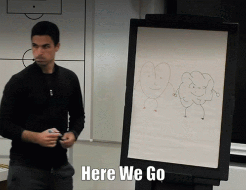 A Man Stands In Front Of A White Board That Says Here We Go On It GIF