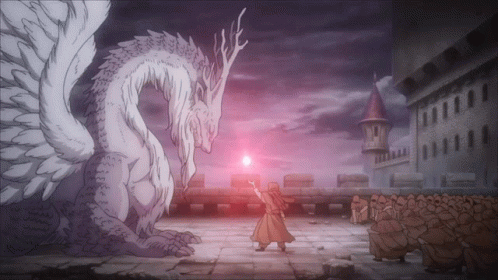 A Man Stands In Front Of A White Dragon With A Purple Background GIF