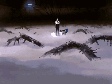 A Man Stands In The Middle Of A Snowy Field With Birds Flying Around Him GIF