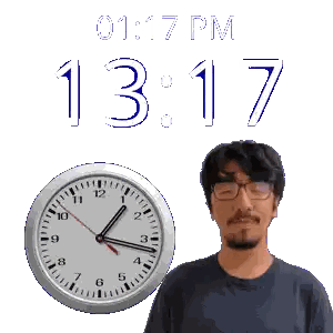 a man stands next to a clock that says 1317 on it
