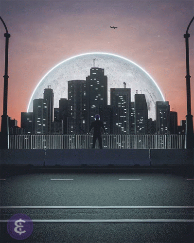 A Man Stands On A Bridge In Front Of A City Skyline GIF