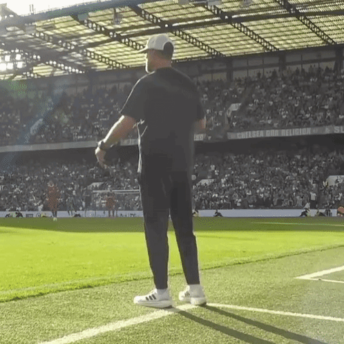 A Man Stands On A Soccer Field In Front Of A Sign That Says Chelsea And Religion GIF