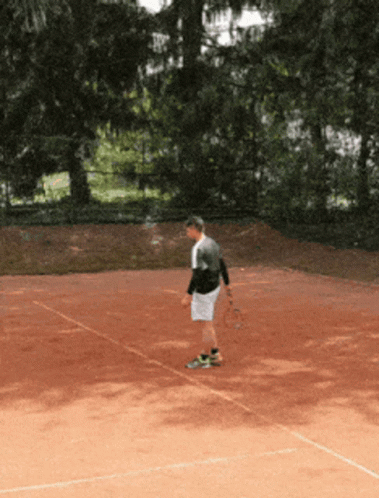 A Man Stands On A Tennis Court Holding A Racket GIF