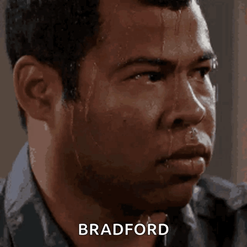 A Man Sweating With The Name Bradford Written On The Bottom GIF