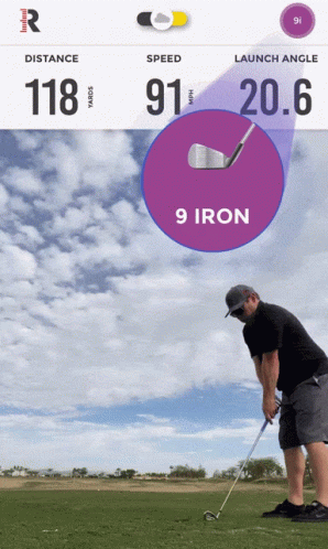 A Man Swinging A Golf Club On A Golf Course With A Purple Circle That Says 9 Iron GIF