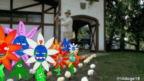 A Man Swings A Golf Club In Front Of A Bunch Of Flowers With One That Says Lease GIF