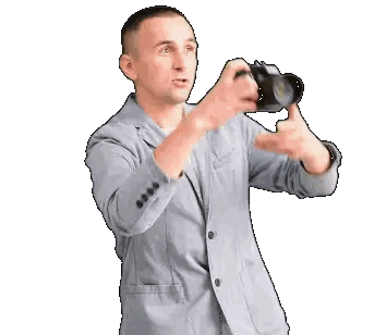 a man taking a picture with a camera on a white background