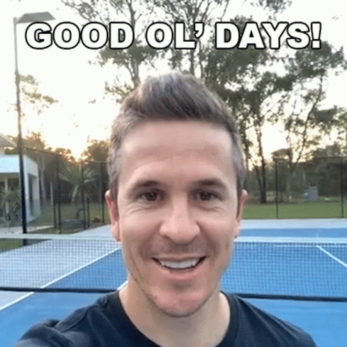A Man Taking A Selfie In Front Of A Tennis Court With The Words Good Ol ' Days Written Above Him GIF