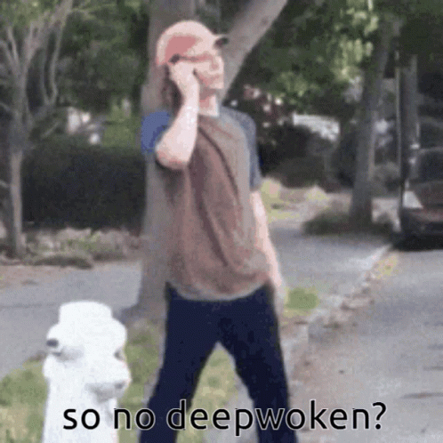 A Man Talking On A Cell Phone While Walking A Dog With The Words So No Deepwoken GIF
