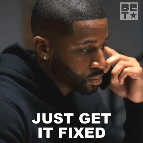 A Man Talking On A Cell Phone With Just Get It Fixed Written On The Bottom Right GIF