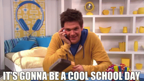 A Man Talking On A Cell Phone With The Words " It 'S Gonna Be A Cool School Day " Above Him GIF