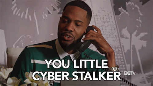 A Man Talking On A Phone With The Words You Little Cyber Stalker GIF