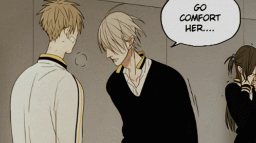 A Man Talking To A Girl With A Speech Bubble Saying Go Comfort Her GIF