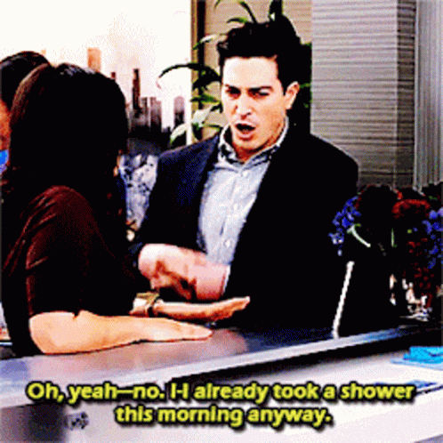 A Man Talking To A Woman In Front Of A Mirror With The Words Oh Yeah No H Already Took A Shower This Morning GIF