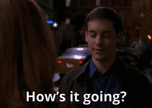 A Man Talking To A Woman With The Words " How 'S It Going " On The Bottom GIF