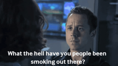 A Man Talking To A Woman With The Words " What The Hell Have You People Been Smoking Out There " Below Him GIF