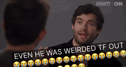 A Man Talking To Another Man With The Words Even He Was Weirded Tf Out Above Him GIF