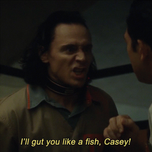 A Man Talking To Another Man With The Words I 'Ll Gut You Like A Fish Casey Written Below Him GIF