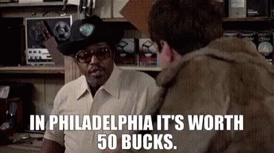 A Man Talking To Another Man With The Words In Philadelphia It 'S Worth 50 Bucks On The Bottom GIF