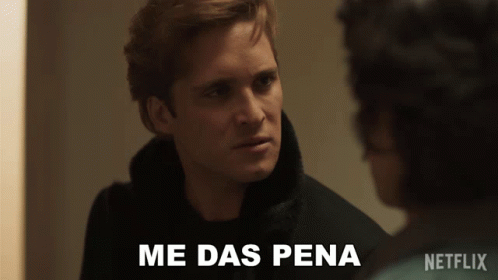 A Man Talking To Another Man With The Words Me Das Pena Written On The Bottom GIF