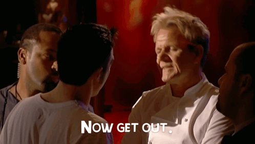 A Man Talking To Another Man With The Words Now Get Out Written On The Bottom GIF