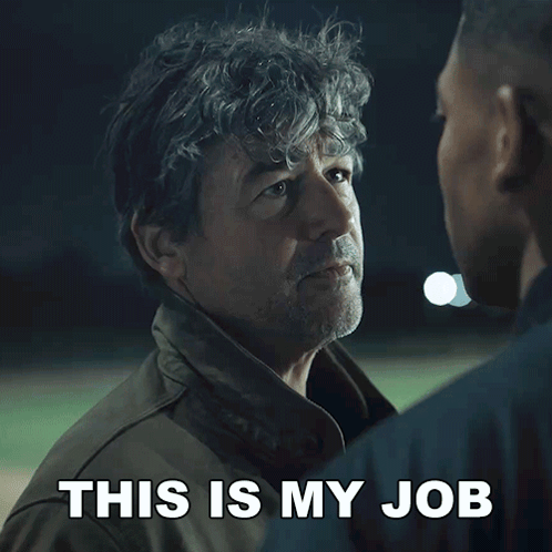 a man talking to another man with the words " this is my job " below him