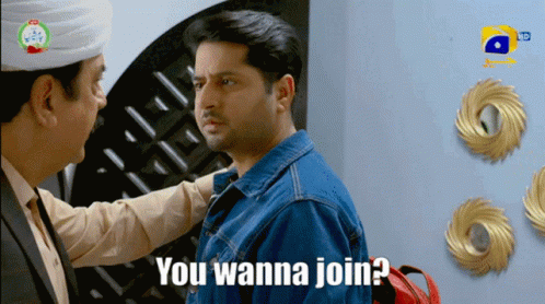 A Man Talking To Another Man With The Words " You Wanna Join " Below Him GIF