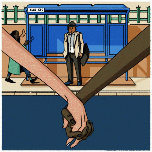 A Man Waiting At A Bus Stop That Says Bus 13C On It GIF